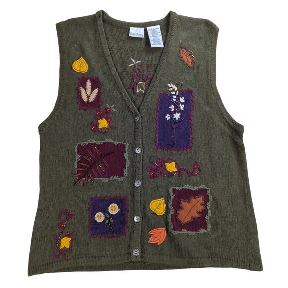 Bobbie Brooks XL Sweater Vest Fall Leaves Embroidered Ramie Cotton Womens ( - Picture 1 of 12